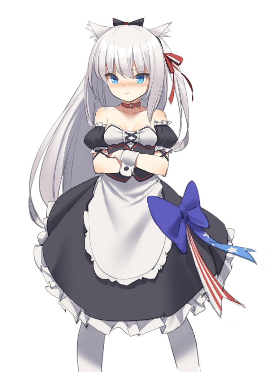 1girl :t american_flag american_flag_print animal_ear_fluff animal_ears apron azur_lane bare_shoulders black_bow black_dress black_sleeves blue_bow blush bow breasts cat_ears closed_mouth collar collarbone crossed_arms detached_sleeves dog_ears dress female_focus flag_print frilled_dress frills hair_bow hair_ribbon hairband hammann_(azur_lane) hammann_(retrofit)_(azur_lane) highres kildir long_hair maid one_side_up pantyhose pout puffy_short_sleeves puffy_sleeves red_collar red_ribbon remodel_(azur_lane) ribbon short_sleeves silver_hair simple_background small_breasts solo strapless strapless_dress very_long_hair waist_apron white_apron white_background white_pantyhose wrist_cuffs