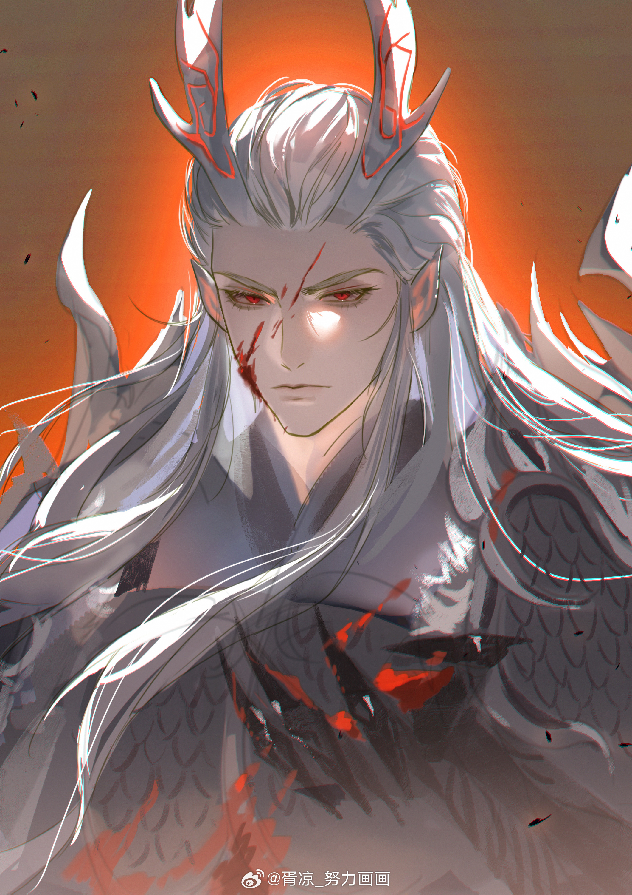 1boy absurdres ao_guang_(nezha_zhi_motong_jiangshi) armor blood blood_on_clothes blood_on_face breastplate chinese_clothes chinese_commentary clawed_gauntlets closed_mouth dragon_boy eastern_dragon_horns hanfu highres long_hair long_sidelocks looking_at_viewer male_focus nezha_zhi_motong_jiangshi pointy_ears red_eyes shoulder_armor sidelocks solo upper_body watermark weibo_watermark white_hair white_hanfu xu_liang