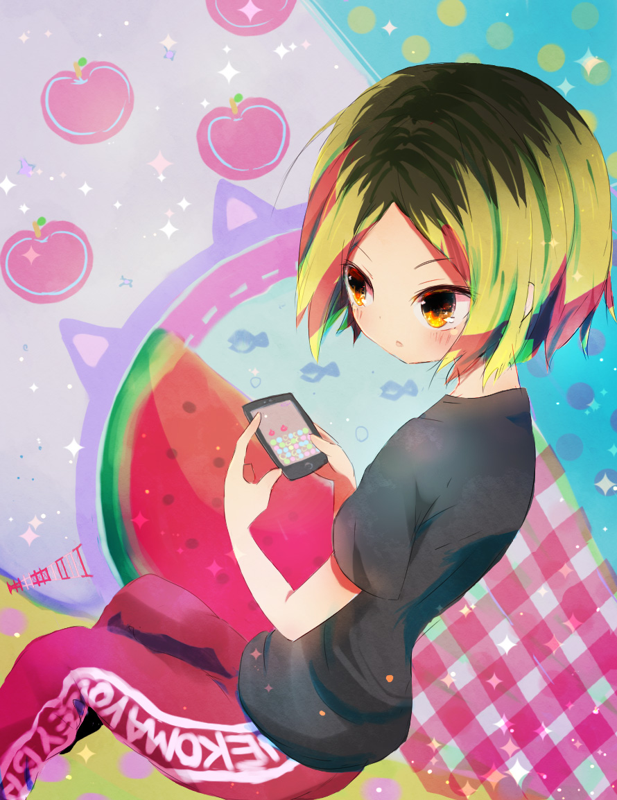 10s 1boy bad_id bad_pixiv_id food fruit haikyuu!! kozume_kenma male_focus multicolored_hair short_hair sitting solo two-tone_hair watermelon yoshida_(nono_ko)