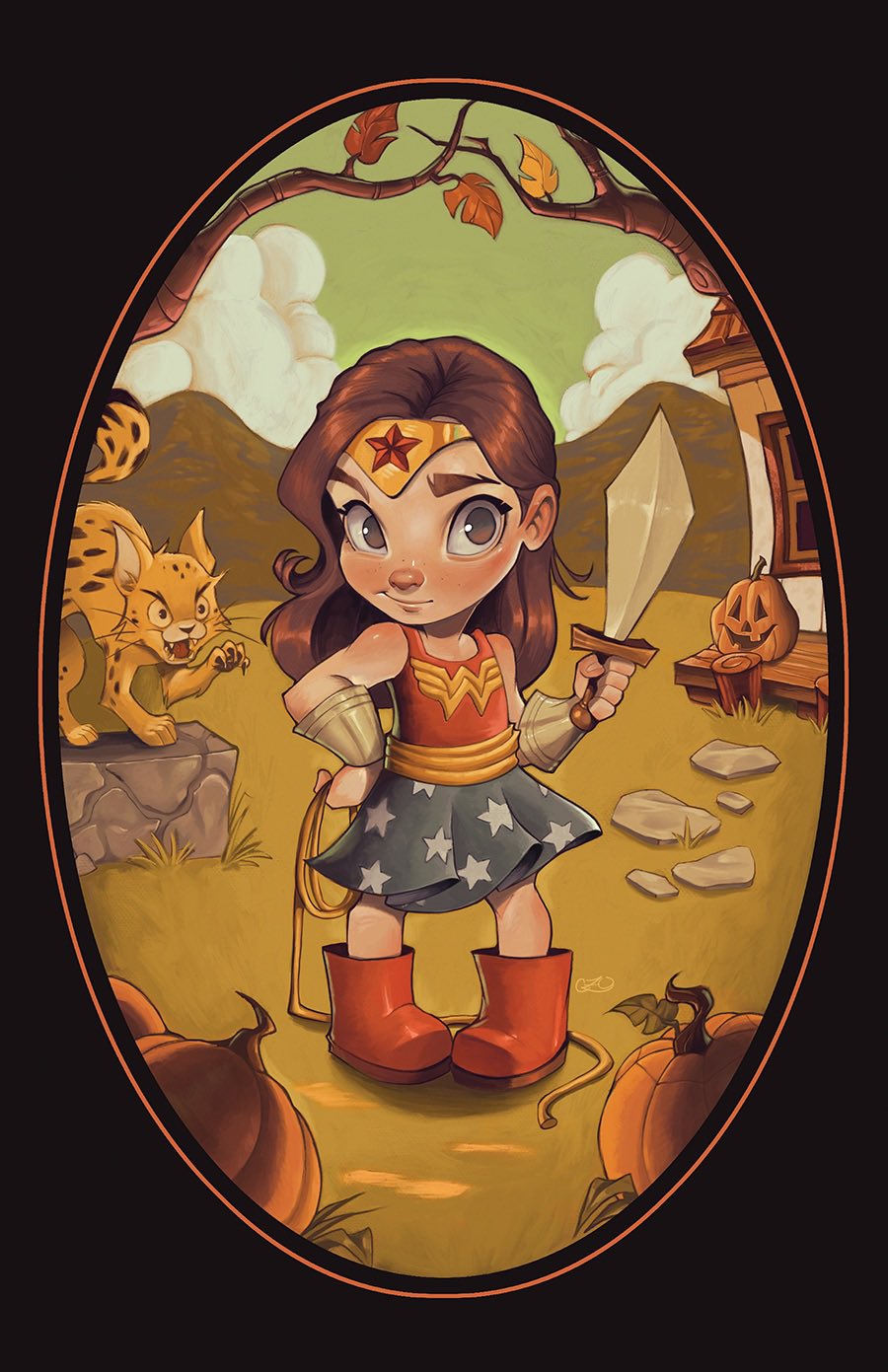 1girl aged_down autumn_leaves black_hair boots bracelet cheetah child chrissie_zullo commentary dc_comics english_commentary full_body halloween_costume highres holding holding_whip jewelry leaf long_hair mountainous_horizon red_boots skirt smirk solo superhero_costume sword weapon wonder_woman wonder_woman_(series)
