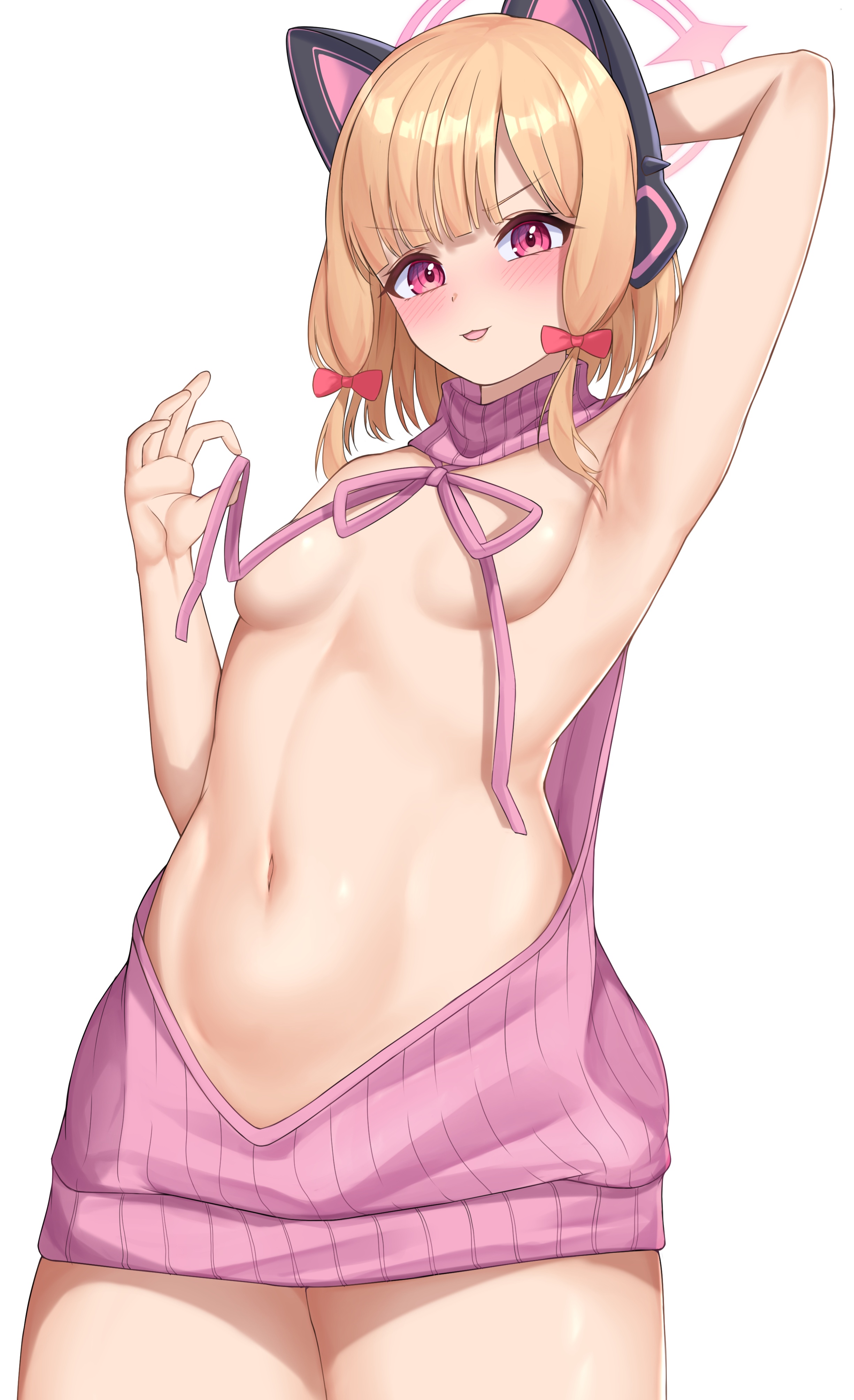 1girl absurdres animal_ear_headphones animal_ears backwards_virgin_killer_sweater blonde_hair blue_archive bow breasts cowboy_shot fake_animal_ears hair_bow halo headphones highres meme_attire momoi_(blue_archive) navel pink_halo pink_sweater red_bow red_eyes sharen short_hair simple_background small_breasts solo sweater virgin_killer_sweater white_background