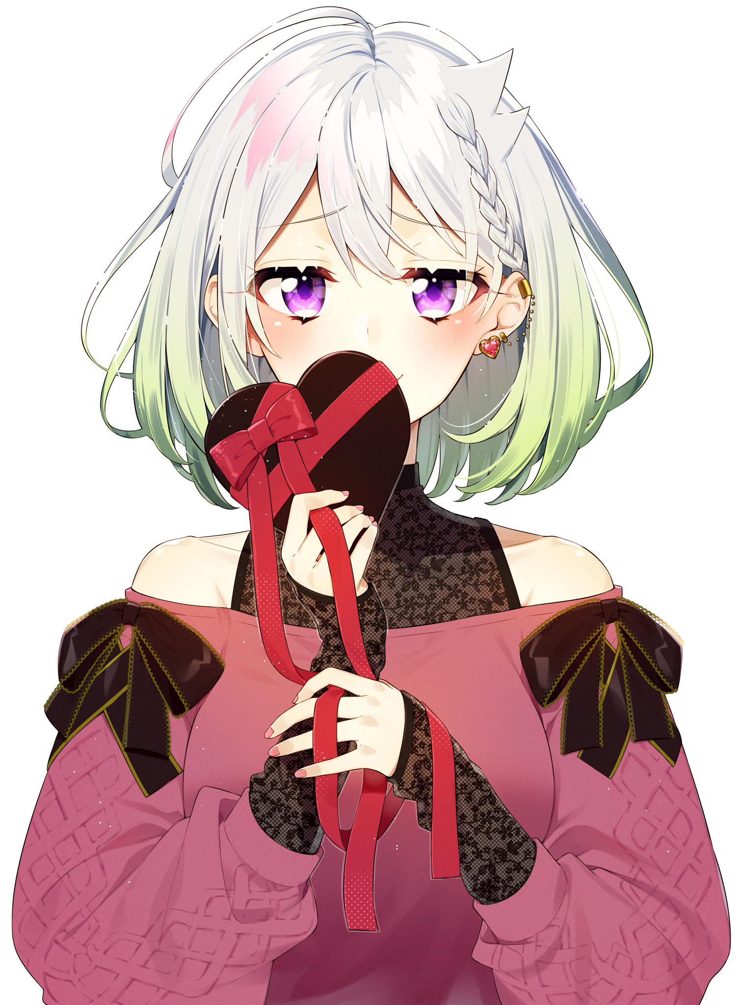 1girl bare_shoulders black_bow bow box braid closed_mouth ear_piercing earrings gift gift_box gradient_hair green_hair hair_between_eyes heart heart-shaped_box heart_earrings highres holding holding_gift jewelry long_sleeves looking_at_viewer multicolored_hair nail_polish off-shoulder_sweater off_shoulder piercing pink_nails pink_sweater puffy_long_sleeves puffy_sleeves purple_eyes sakuragi_ren silver_hair simple_background sleeves_past_wrists smirk solo sweater upper_body virtual_youtuber white_background yuni_(yuni_channel) yuni_channel