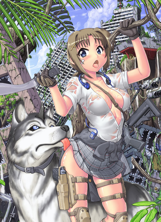 1girl backpack bag bandaid bandaid_on_cheek bandaid_on_face blue_eyes blue_sky breasts brown_hair building cleavage clothes_around_waist cloud commentary_request digital_media_player dog fang gun hair_ornament handgun hase_yu headphones headphones_around_neck holster impossible_clothes ipod ipod_shuffle ipod_shuffle_2g jacket jacket_around_waist knee_pads licking_ass machete medium_breasts miniskirt open_mouth original partially_unbuttoned plaid_clothes plaid_skirt plant plunging_neckline post-apocalypse ruins skirt sky thigh_holster tongue tongue_out tree vines weapon x_hair_ornament