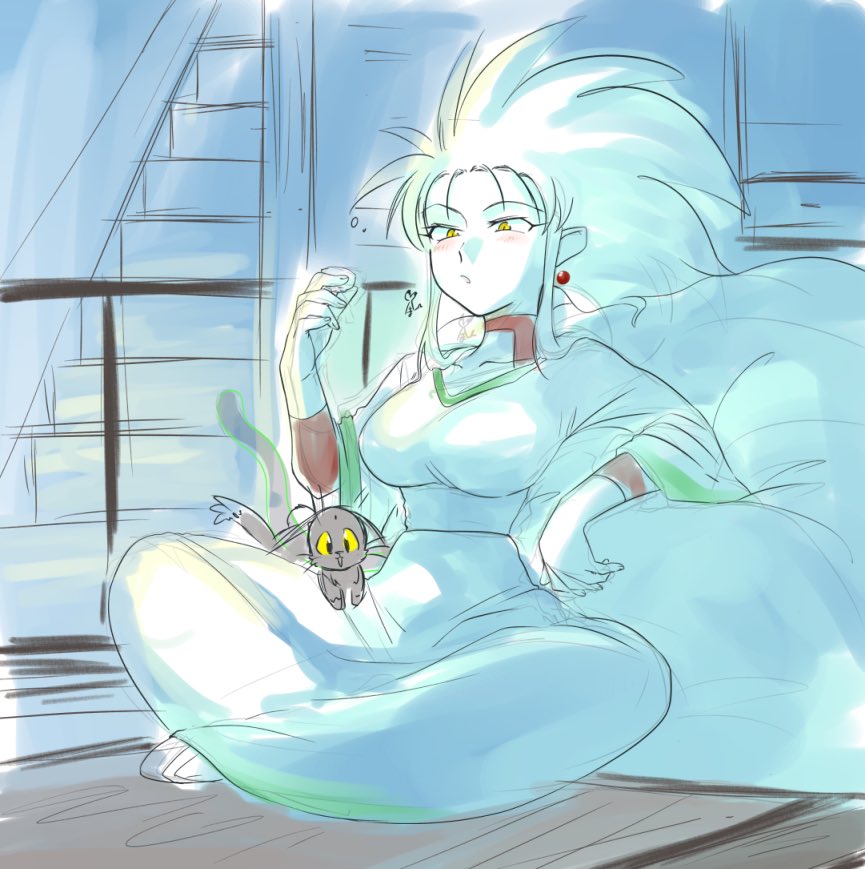 1girl aqua_dress aqua_hair artist_name bean_bag_chair blush breasts choko_(cup) collarbone colored_sclera commentary creature_on_lap cup dress drink droopy_ears earrings elbow_rest eyelashes full_body hair_slicked_back hand_up holding holding_cup holding_drink indian_style jewelry large_breasts long_dress long_hair long_sleeves meyama_mamezou on_floor pale_skin railing ryou-ouki ryouko_(tenchi_muyou!) signature sitting sketch solo spiked_hair stairs tenchi_muyou! whiskers yellow_eyes yellow_sclera
