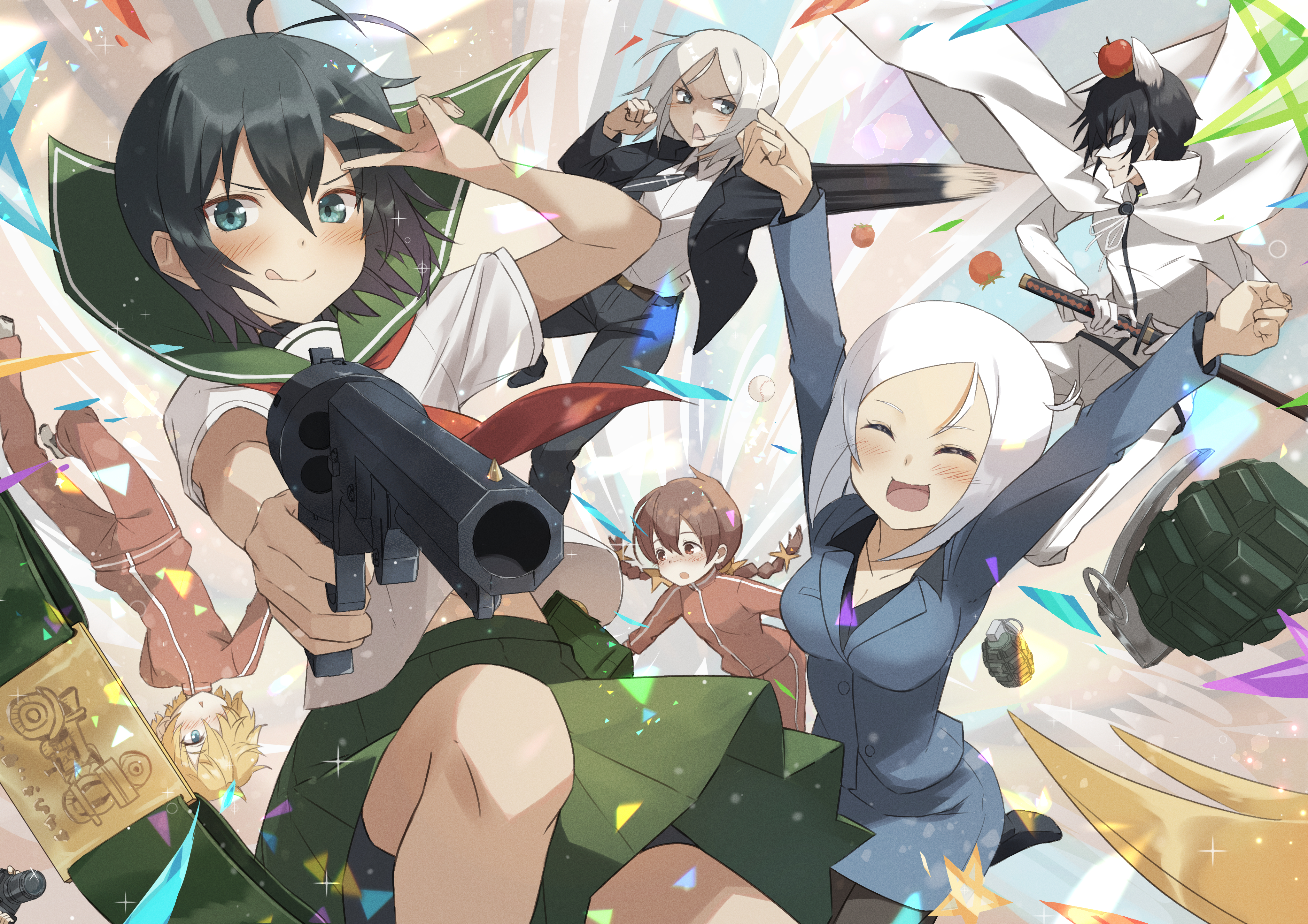 3boys 3girls :< :d :q absurdres aiming aiming_at_viewer animal_ears antenna_hair apple apple_on_head arms_up baseball belt belt_buckle belt_pouch bike_shorts bike_shorts_under_skirt black_footwear black_hair black_jacket black_pantyhose black_shirt black_shorts blazer blonde_hair blue_jacket blue_skirt blush bob_cut braid breasts brown_eyes brown_hair buckle cape closed_eyes closed_mouth colt_1851_navy commentary confetti elias_(kino_no_tabi) explosive eye_mask falling fighting fighting_stance finger_on_trigger floating_clothes floating_neckwear food foreshortening formal_clothes fruit gakuen_kino green_belt green_eyes green_sailor_collar green_skirt grenade gun gym_uniform hair_between_eyes hair_over_one_eye handgun hermes_(kino_no_tabi) highres holding holding_gun holding_sword holding_weapon inuyama_wanwan_rikutarou jacket katana kino_(kino_no_tabi) kino_no_tabi knee_up light_smile long_hair looking_at_viewer medium_hair midriff_peek multiple_boys multiple_girls nakami_chihiro necktie nose_blush o/ open_clothes open_jacket open_mouth outstretched_arm outstretched_arms pants pantyhose parted_bangs pencil_skirt pleated_skirt pouch red_jacket red_necktie red_pants red_track_suit revolver sailor_collar sara_(kino_no_tabi) school_uniform serafuku shirt shizu_(kino_no_tabi) shoes short_hair short_sleeves shorts shouting skirt skirt_suit small_breasts smile suit sword tea_(kino_no_tabi) tomato tomboy tongue tongue_out track_jacket track_pants track_suit twin_braids upside-down v v-shaped_eyebrows v_over_head weapon white_cape white_hair white_mask white_shirt
