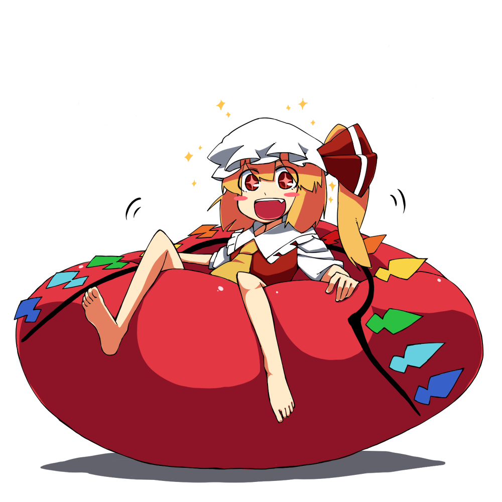 +_+ 1girl :d bad_id bad_pixiv_id barefoot bean_bag bean_bag_chair blonde_hair excited fang feet female_focus flandre_scarlet happy hat open_mouth red_eyes side_ponytail sitting smile solo sparkle embodiment_of_scarlet_devil touhou wings yaza