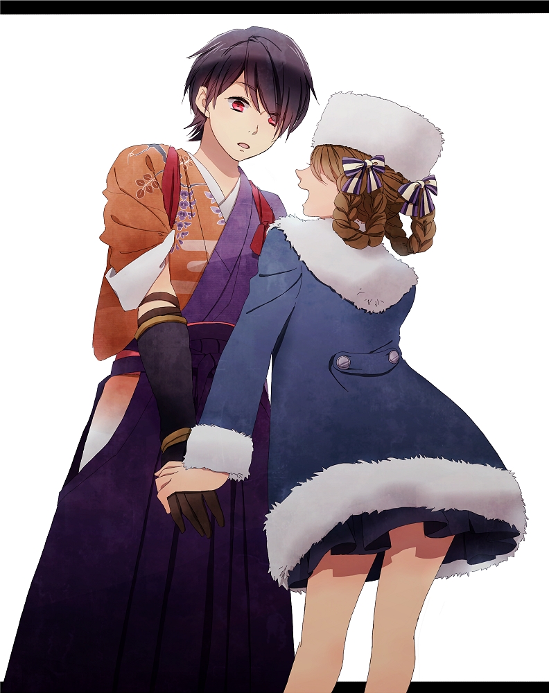 1boy 1girl anastasia_(shadow_hearts) black_hair braid brown_hair hat inugami_kurando japanese_clothes kouda_(sati0137) letterboxed red_eyes shadow_hearts shadow_hearts_ii short_hair twin_braids
