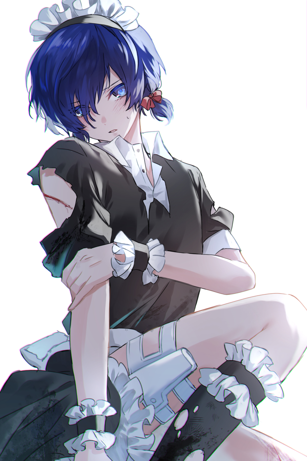 1boy apron arm_at_side black_dress black_thighhighs black_wrist_cuffs blue_eyes blush crossdressing crossdressing_(mtf) dress eyes_visible_through_hair facing_to_the_side flat_chest flustered frilled_dress frilled_sleeves frills hand_on_own_arm highres holster injury knee_up looking_to_the_side maid maid_apron maid_headdress male_focus official_alternate_costume partially_unbuttoned persona persona_3 ribbon scar sweatdrop thigh_holster thighhighs torn_clothes torn_dress torn_socks tsukitaka turning_head twintails white_background white_ribbon wrist_cuffs yuuki_makoto_(persona_3)