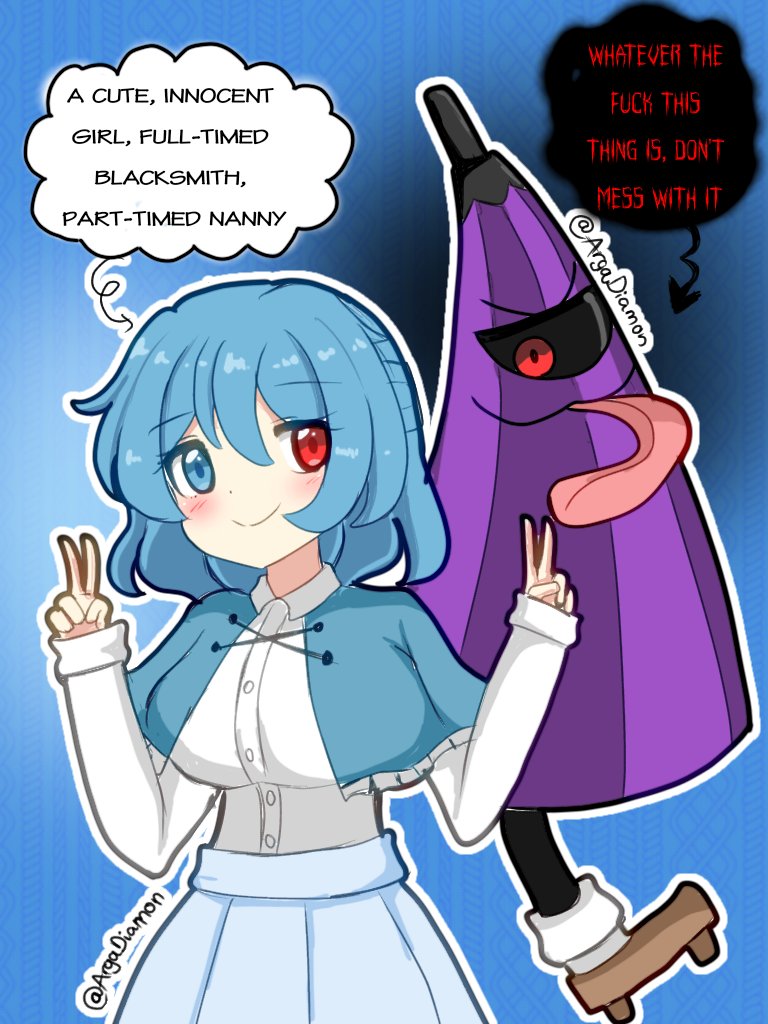 1girl blue_capelet blue_eyes blue_skirt capelet commentary diamon_arga double_v dual_persona english_commentary english_text heterochromia karakasa_obake looking_at_viewer outline purple_umbrella red_eyes skirt solo speech_bubble tatara_kogasa tongue touhou twitter_username umbrella v white_outline wild_and_horned_hermit