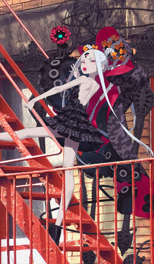 1girl abigail_williams_(fate) abigail_williams_(tour_outfit)_(fate) asymmetrical_hair backless_dress backless_outfit bare_arms bare_shoulders black_bow bow braid braided_bun building candy commentary creature dress eating fate/grand_order fate_(series) fire_escape food frilled_dress frills hair_bow hair_bun holding holding_candy holding_food holding_lollipop horror_(theme) keyhole kuroboshi_kouhaku lollipop long_sidelocks looking_at_viewer multiple_hair_bows nosh_(fate) orange_bow outdoors pale_skin photo_background red_eyes short_dress sleeveless sleeveless_dress solo tentacles third_eye very_long_sidelocks white_hair