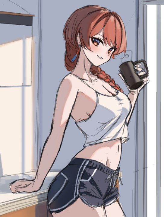 1girl black_shorts braid breasts cleavage counter cup dimos_(dawn_1945) dolphin_shorts hair_over_shoulder kantai_collection looking_at_viewer medium_breasts mug nevada_(kancolle) red_eyes red_hair shorts single_braid sketch solo standing tank_top unfinished white_tank_top