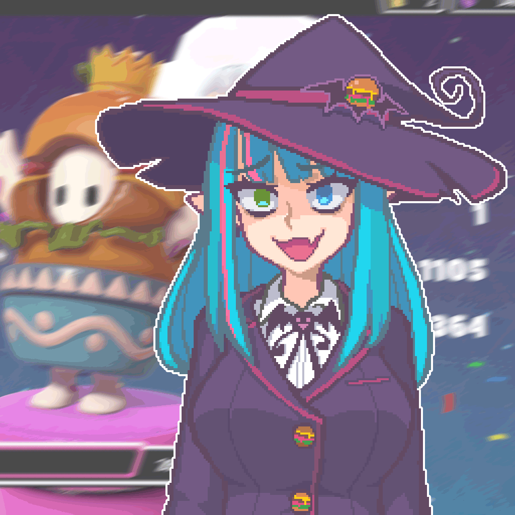 1girl black_hat blonde_hair blue_eyes blue_hair breasts collared_shirt fall_guy fall_guys fang green_eyes hat hcnone large_breasts long_hair looking_at_viewer multicolored_hair open_mouth original pink_hair pixel_art pointy_ears shirt skin_fang smile solo streaked_hair upper_body virtual_youtuber white_shirt witch witch_hat