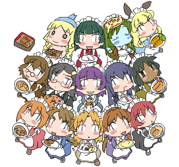 1980s_(style) 6+girls :d animal_ears beanie black-framed_eyewear black_eyes black_hair blonde_hair blue_skin blush blush_stickers brown_eyes brown_hair chikoi closed_eyes colored_skin crazy_eyes danbai dark-skinned_female dark_skin dorei dunbine empty_eyes everyone flower food frills futaba_channel glasses green_hair hair_flower hair_ornament hat hidoi holding inai kudoi kurai_(nijiura_maids) long_hair looking_at_viewer madoi maid_headdress medoi modoi multiple_girls nemui nijiura_maids o_o oldschool open_mouth pince-nez purple_hair rabbit_ears retro_artstyle seisenshi_dunbine shibai shitai sidelocks simple_background smile standing tray usai wavy_hair white_background wide-eyed yakui yowai