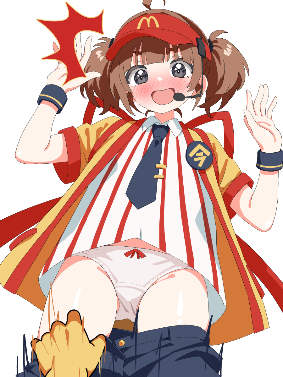 1girl 1other ^^^ ahoge assisted_exposure back_bow badge black_eyes blue_necktie blue_shorts blush bow bow_panties brown_hair button_badge clothes_pull commentary cowboy_shot crotch_seam dress_shirt employee_uniform fast_food_uniform hair_tie hat headset highres imadake_dabuchi_tabemi looking_at_viewer mcdonald&#039;s motion_blur necktie open_mouth panties pantsing pov pulling_another&#039;s_clothes red_hat sexual_harassment shirt short_hair short_sleeves shorts shorts_pull simple_background smile standing striped_clothes striped_shirt tasuki tie_clip twintails underwear vertical-striped_clothes vertical-striped_shirt visor_cap white_background white_panties white_shirt wing_collar yellow_happi yokoshima_akunusu