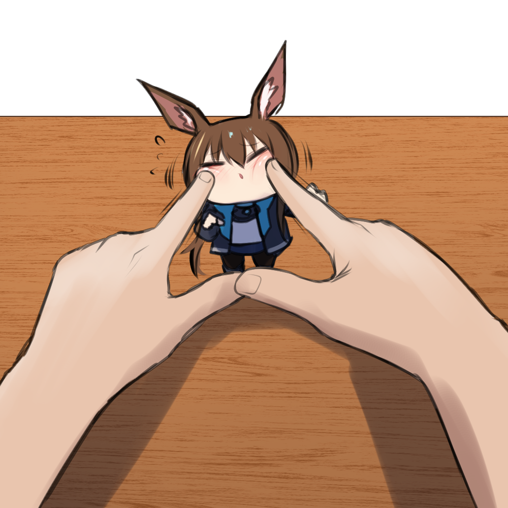 1girl 1other akaoni_(zumt3548) amiya_(arknights) animal_ear_fluff animal_ears arknights black_footwear black_jacket blue_skirt blush brown_hair brown_pantyhose closed_eyes flying_sweatdrops hair_between_eyes jacket long_hair long_sleeves low_ponytail mini_person minigirl open_clothes open_jacket pantyhose parted_lips ponytail puffy_long_sleeves puffy_sleeves rabbit_ears shirt shoes simple_background skirt solo_focus very_long_hair white_background white_shirt