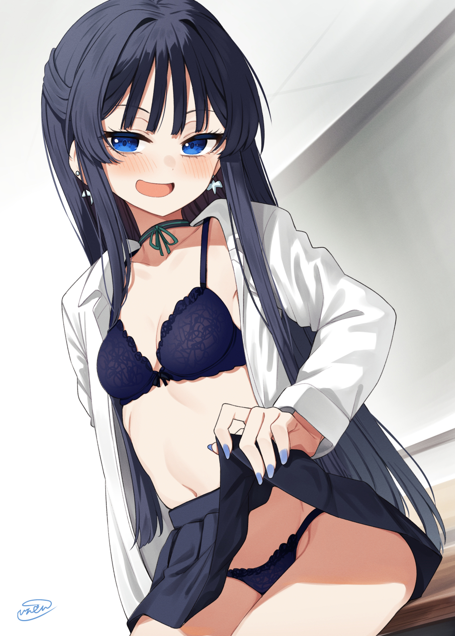 1girl binsen black_bra black_hair black_panties black_skirt blue_nails blush bra breasts chalkboard choker classroom cleavage clothes_lift collarbone commentary desk dot_nose earrings eyelashes groin gyaru highres idolmaster idolmaster_million_live! idolmaster_million_live!_theater_days indoors jewelry lace lace-trimmed_bra lace-trimmed_panties lace_trim lifting_own_clothes long_hair long_sleeves looking_at_viewer miniskirt mogami_shizuka navel open_clothes open_mouth open_shirt panties pleated_skirt ribbon_choker school_uniform seductive_smile shirt signature sitting skirt skirt_lift small_breasts smile solo straight_hair underwear white_shirt
