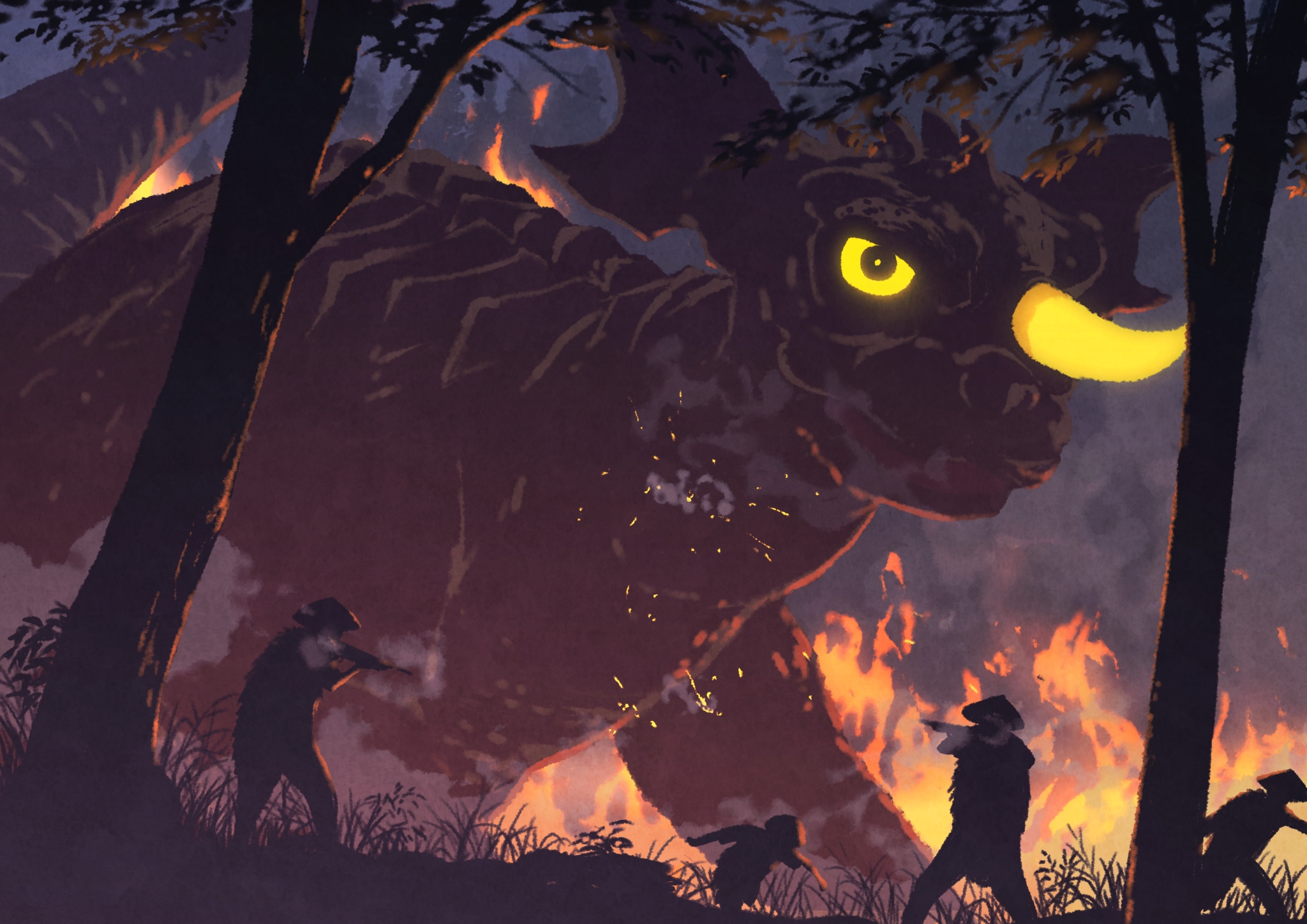 4boys all_fours baragon_(godzilla) colored_sclera dinosaur embers fire firing forest frankenstein frankenstein_vs._baragon giant giant_monster glowing glowing_eyes glowing_horn glowing_horns godzilla_(series) grass gun hat highres horns kaiju monster multiple_boys musket nature night peroringa rifle running single_horn smoke tail tall_grass toho tree weapon yellow_eyes yellow_sclera