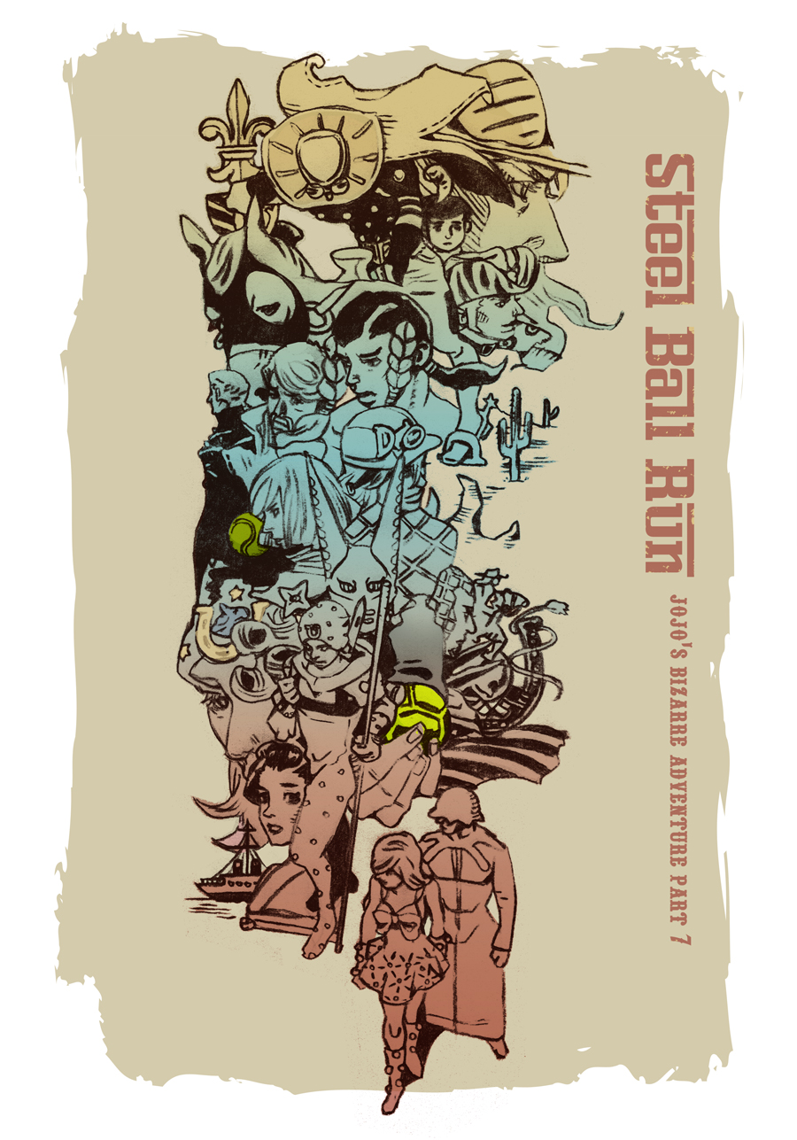 3girls 6+boys bad_id bad_pixiv_id diego_brando dirty_deeds_done_dirt_cheap funny_valentine gregorio_zeppeli gyro_zeppeli higashikata_rina highres hot_pants_(sbr) johnny_joestar jojo_no_kimyou_na_bouken jojolion lucy_steel marco_(sbr) mountain_tim multiple_boys multiple_girls ringo_roadagain sandman_(sbr) steel_ball_run steven_steel tanaka_kaori