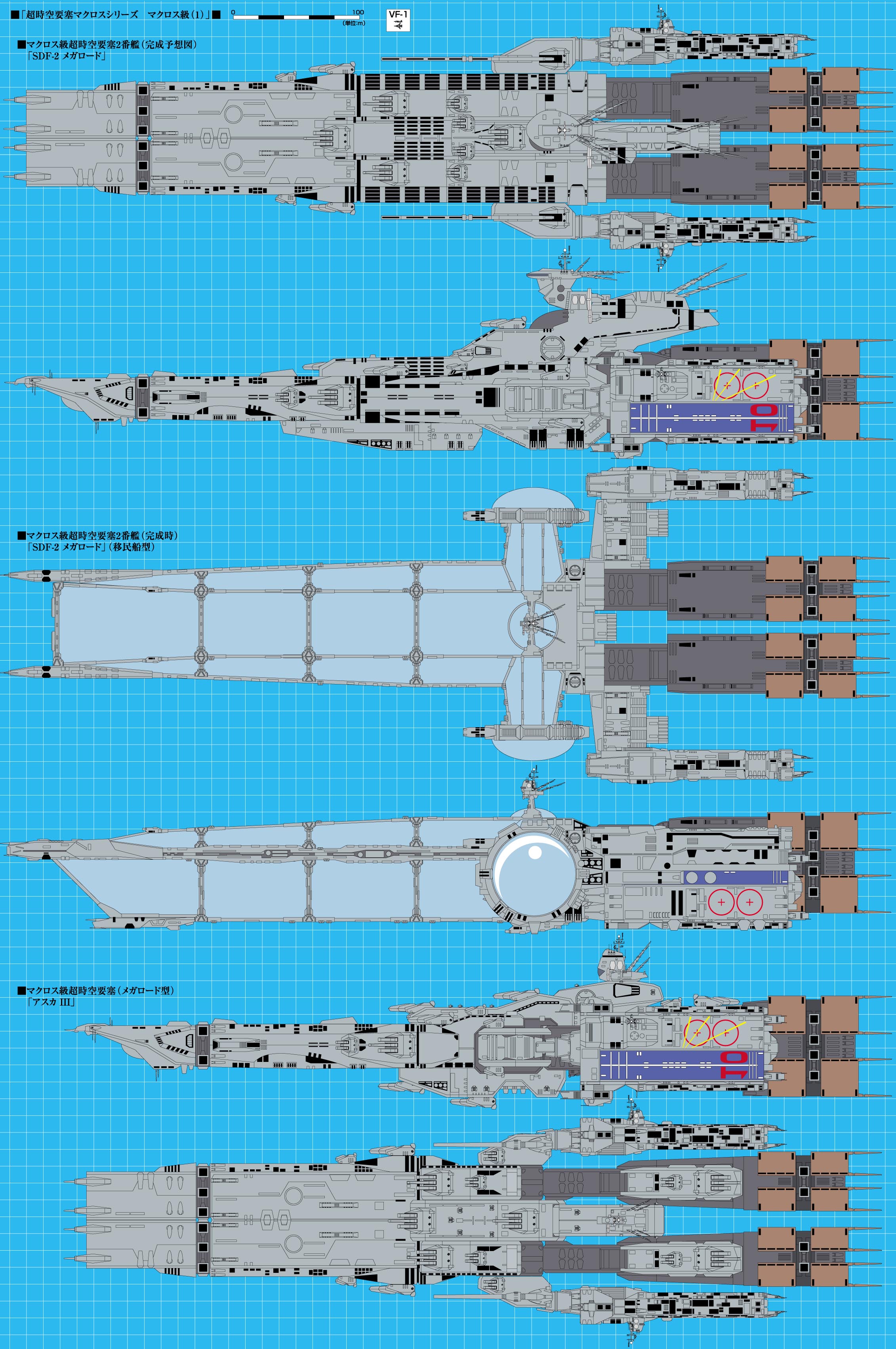 absurdres antennae choujikuu_yousai_macross commentary_request docked_vehicles fusou_katsumi grid grid_background highres macross macross:_do_you_remember_love? military military_vehicle no_humans railgun sdf-1 sdf-2_megaroad-01 ship ship_turret silhouette spacecraft translation_request variations vf-1 warship watercraft