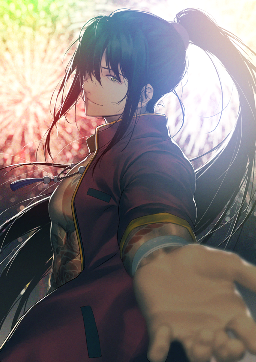 1boy arm_at_side arm_tattoo bead_necklace beads black_hair blurry blurry_background chest_tattoo chinese_clothes closed_mouth fate/grand_order fate_(series) fireworks from_side green_eyes hair_between_eyes hair_tie hand_up high_collar high_ponytail jacket jewelry long_hair long_sidelocks looking_at_viewer looking_to_the_side male_focus necklace no_shirt offering_hand official_art open_clothes open_jacket pectorals ponytail red_jacket shima_udon sidelocks smile solo tattoo third-party_source toned toned_male upper_body white_background wristband yan_qing_(fate) yan_qing_(training_wear)_(fate)
