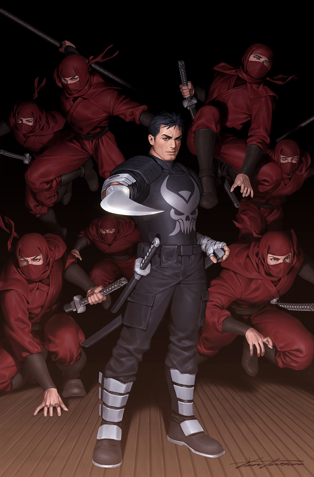 6+boys armor belt_pouch black_armor black_footwear black_hair black_pants boots breastplate highres holding holding_sword holding_weapon japanese_armor katana looking_at_viewer marvel mask mouth_mask multiple_boys ninja ninja_mask pants pauldrons pouch red_mask red_pants red_shirt shirt short_hair shoulder_armor signature squatting standing sword the_punisher_(character) the_punisher_(series) weapon wooden_floor yoon_junggeun
