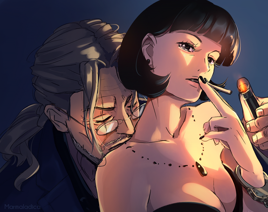 1boy 1girl affectionate beard black_dress black_hair black_nails blue_background blunt_bangs cigarette closed_eyes commentary cuffs dress earrings english_commentary eyelashes facial_hair glasses handcuffs hetero holding holding_lighter jacket jewelry kiss kiss_from_behind lighter loose_hair_strand marmaladica mustache necklace one_piece ponytail shakuyaku_(one_piece) short_hair silvers_rayleigh simple_background strapless strapless_dress upper_body