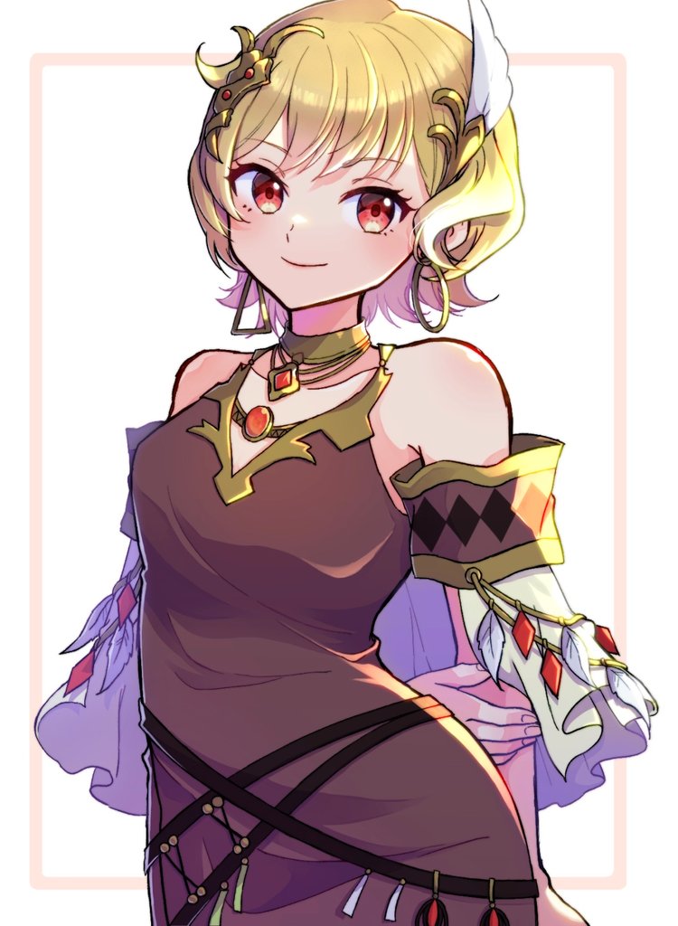 1girl blonde_hair brown_dress choker citrinne_(fire_emblem) closed_mouth dress earrings fire_emblem fire_emblem_engage gem gogatsu_(yeaholiday) gold_choker gold_trim hair_ornament hoop_earrings jewelry light_smile long_dress looking_at_viewer necklace nintendo red_eyes shawl short_hair simple_background solo white_background