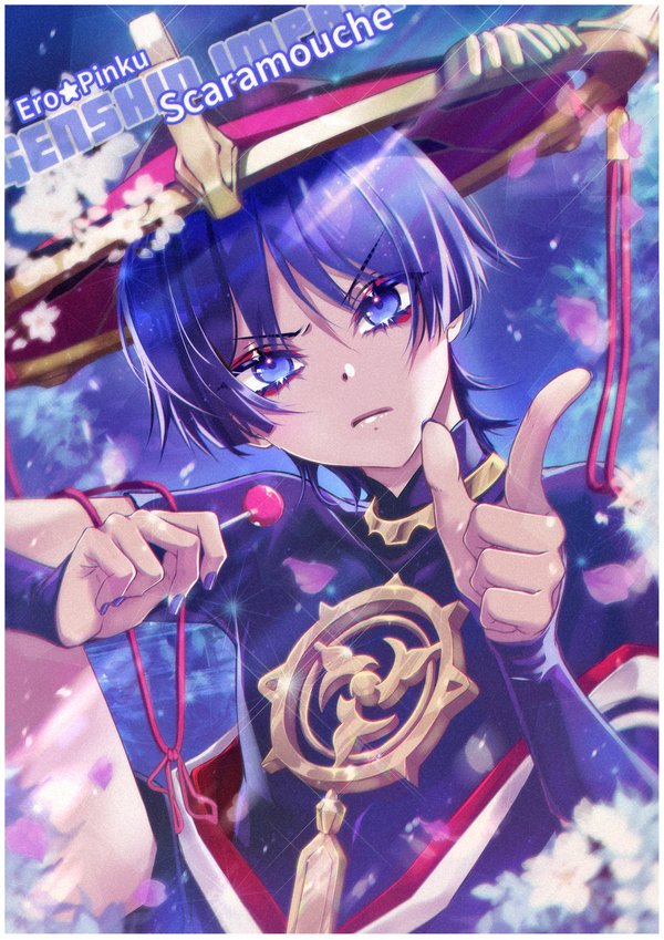1boy armor artist_name black_bodysuit black_kimono blue_sky blunt_ends bodysuit candy character_name chupa_chups closed_mouth clothes_down cloud cloudy_sky copyright_name ero_pinku falling_petals food furrowed_brow genshin_impact gold han&#039;eri hat holding holding_candy holding_food holding_lollipop index_finger_raised japanese_armor japanese_clothes jewelry jingasa kimono kote kurokote layered_kimono lollipop looking_at_viewer lower_eyelashes_only male_focus mandarin_collar mitsudomoe_(shape) neck_ring open_clothes open_kimono petals pink_petals pointing pointing_at_viewer purple_eyes purple_hair red_hat red_kimono scaramouche_(genshin_impact) sky solo tomoe_(symbol) upper_body v-shaped_eyebrows watermark watermark_grid white_kimono