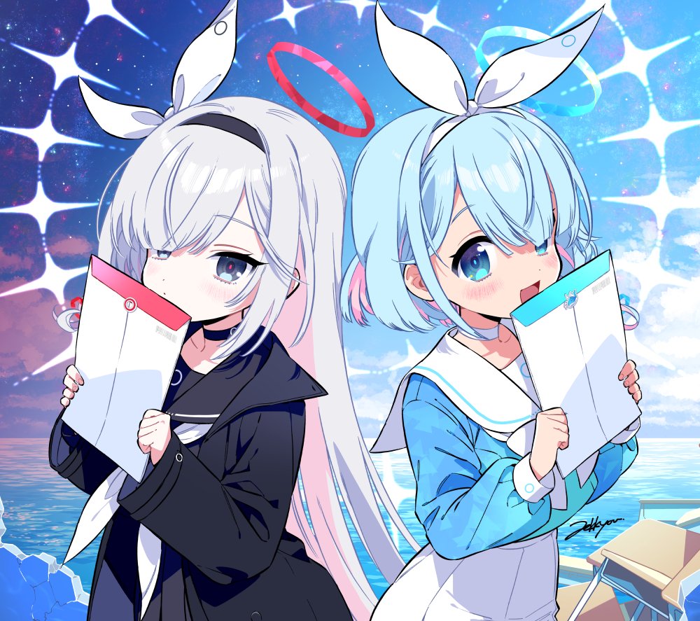 2girls arona_(blue_archive) black_choker black_eyes black_hairband black_sailor_collar black_serafuku black_skirt blue_archive blue_eyes blue_hair blue_halo blush choker grey_hair hair_over_one_eye hairband halo holding long_hair long_sleeves multiple_girls neckerchief pink_hair plana_(blue_archive) pleated_skirt red_halo sailor_collar school_uniform serafuku short_hair signature skirt white_choker white_neckerchief white_sailor_collar white_skirt zekkyou_(h9s9)