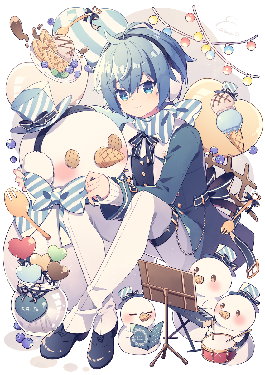 1boy black_bow black_ribbon black_shoes blue_bow blue_eyes blue_hair blue_hat blue_jacket bow candy character_name closed_mouth commentary drum drumsticks earmuffs food fork full_body hat hat_bow heart highres hyou_(pixiv3677917) ice_cream instrument jacket jar kaito_(vocaloid) keyboard_(instrument) lollipop long_sleeves looking_at_viewer male_focus music_stand neck_ribbon open_clothes open_jacket pancake pants ribbon shoes short_hair signature sitting smile snowman striped_bow striped_clothes striped_headwear symbol-only_commentary vocaloid white_pants
