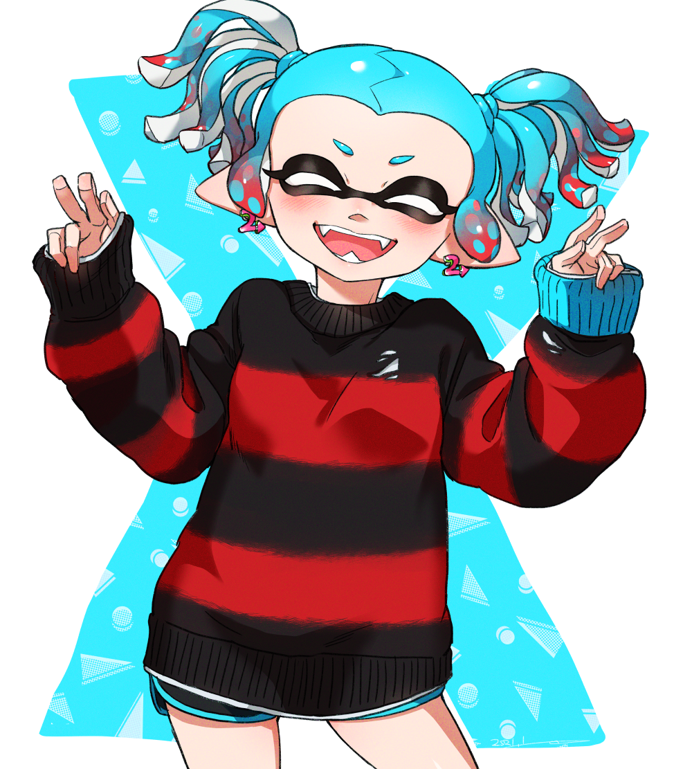 1girl ^_^ black_shorts black_sweater blue_hair closed_eyes colored_tips commentary_request cowboy_shot dolphin_shorts double_w earrings facing_viewer fangs hands_up inkling jewelry long_sleeves multicolored_hair multicolored_sweater nintendo open_mouth pointy_ears red_hair red_sole-chan_(splatoon) red_sweater short_hair short_twintails shorts sidelocks simple_background smile solo splatoon_(manga) splatoon_(series) striped_clothes striped_sweater sweater tentacle_hair torn_clothes torn_sweater twintails two-tone_hair w white_background yeneny