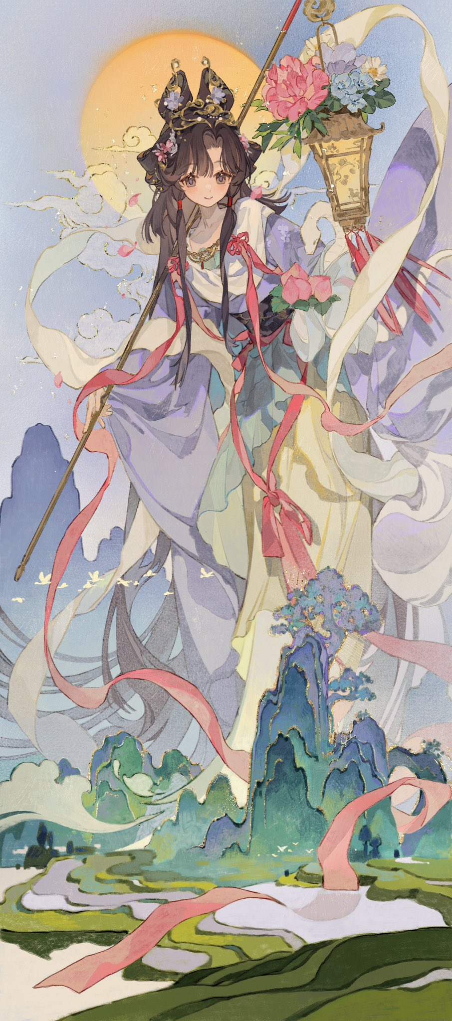 1girl black_eyes black_hair blue_sky cerron_531 chinese_clothes cloud feet_out_of_frame feixianji_(hairstyle) flower food fruit giant giantess hagoromo hair_flower hair_ornament hair_rings halo halo_behind_head hanfu highres holding holding_food holding_fruit holding_lantern jiu_niangzi jiu_niangzi_(blossom_spring_fairy) lantern long_hair long_skirt looking_at_viewer mountain official_alternate_costume parted_bangs peach purple_hanfu reverse:1999 shawl simple_bird skirt sky smile snake solo standing terrace very_long_hair white_shawl yellow_skirt