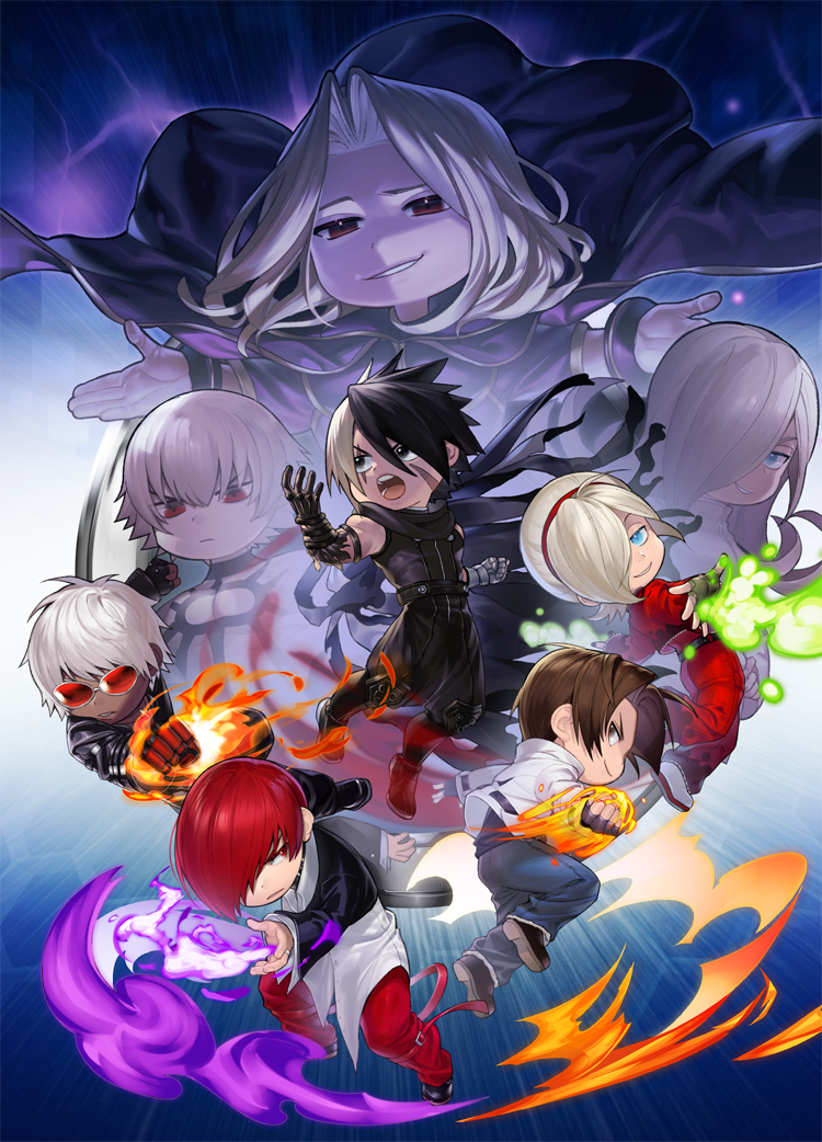 ash_crimson black_hair brown_hair chibi cloak dark-skinned_male dark_skin fire full_body k&#039;_(kof) kusanagi_kyou metal_gloves multicolored_hair muscular muscular_male nameless_(kof) open_mouth pyrokinesis red_hair saiki_(kof) scar scar_across_eye scar_on_face sleeveless sunglasses the_king_of_fighters the_king_of_fighters_&#039;97 the_king_of_fighters_2001 the_king_of_fighters_2002 the_king_of_fighters_xiii topless_male two-tone_hair white_hair yagami_iori yaka_(kk1177)