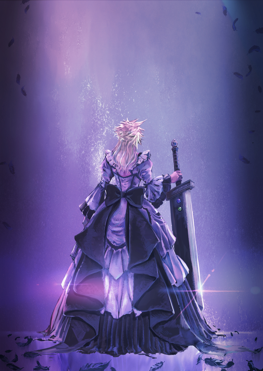 1boy back_bow black_feathers blonde_hair bow buster_sword cloud_strife cloud_strife_(ball_gown) crossdressing crossdressing_(mtf) dress facing_away falling_feathers feathers final_fantasy final_fantasy_vii final_fantasy_vii_remake frilled_dress frills full_body highres holding holding_sword holding_weapon huge_weapon long_dress long_hair long_sleeves male_focus materia official_alternate_costume purple_dress saki_(hxaxcxk) solo sparkle spiked_hair sword wavy_hair weapon