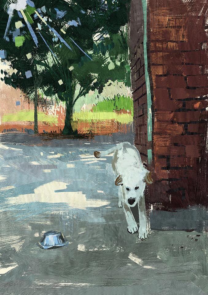animal blue_sky brick_wall building concrete day dog foil hill no_humans original painting_(medium) path road shadow sky slow_d sunlight traditional_media tree