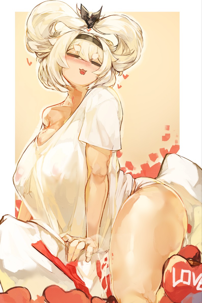 1girl :3 alvis_(last_origin) arm_support black_hairband blonde_hair blush border breasts closed_eyes covered_erect_nipples eyelashes facing_viewer feet_out_of_frame female_focus hair_between_eyes hairband heart large_breasts larribee last_origin light_brown_background long_hair no_pants off_shoulder open_mouth outside_border shiny_skin shirt short_eyebrows short_sleeves smile smug solo straddling t-shirt thick_eyebrows thick_thighs thighs two_side_up updo white_border white_shirt wide_hips yellow_background yellow_theme
