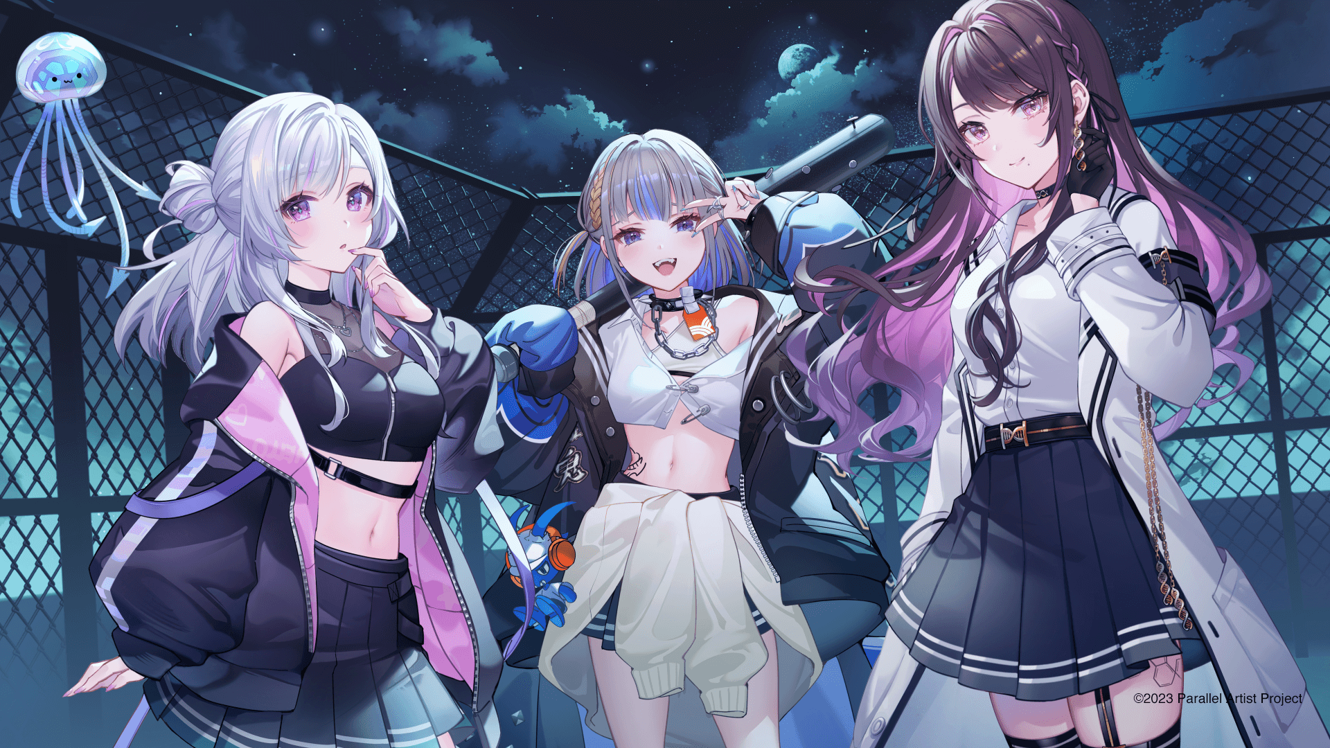 3girls :3 :d :o arm_at_side artist_request baseball_bat black_gloves black_ribbon black_shirt black_skirt black_thighhighs blue_eyes blue_hair blush braid breasts brown_hair chain-link_fence cleavage closed_mouth clothes_around_waist cloud coat collared_shirt colored_inner_hair copyright_name copyright_notice cropped_shirt double_helix earrings fence gloves grey_hair group_picture hair_bun hair_ribbon half_gloves half_moon highres holding holding_baseball_bat jacket jacket_around_waist jellyfish jewelry kinami_alice long_hair long_sleeves medium_breasts medium_hair midriff miniskirt mole mole_under_mouth moon multicolored_hair multiple_girls nail nail_(hardware) nail_bat navel night night_sky off_shoulder official_art open_mouth parallel_artist_project pink_eyes pink_hair pleated_skirt puffy_long_sleeves puffy_sleeves purple_eyes ribbon rooftop safety_pin see-through_cleavage see-through_clothes shirakasa_kurage shirt shirt_tucked_in side_braid single_side_bun skirt sky sleeveless sleeveless_shirt smile streaked_hair thighhighs two-sided_fabric two-sided_jacket v v_over_eye white_coat white_shirt yakushino_shino