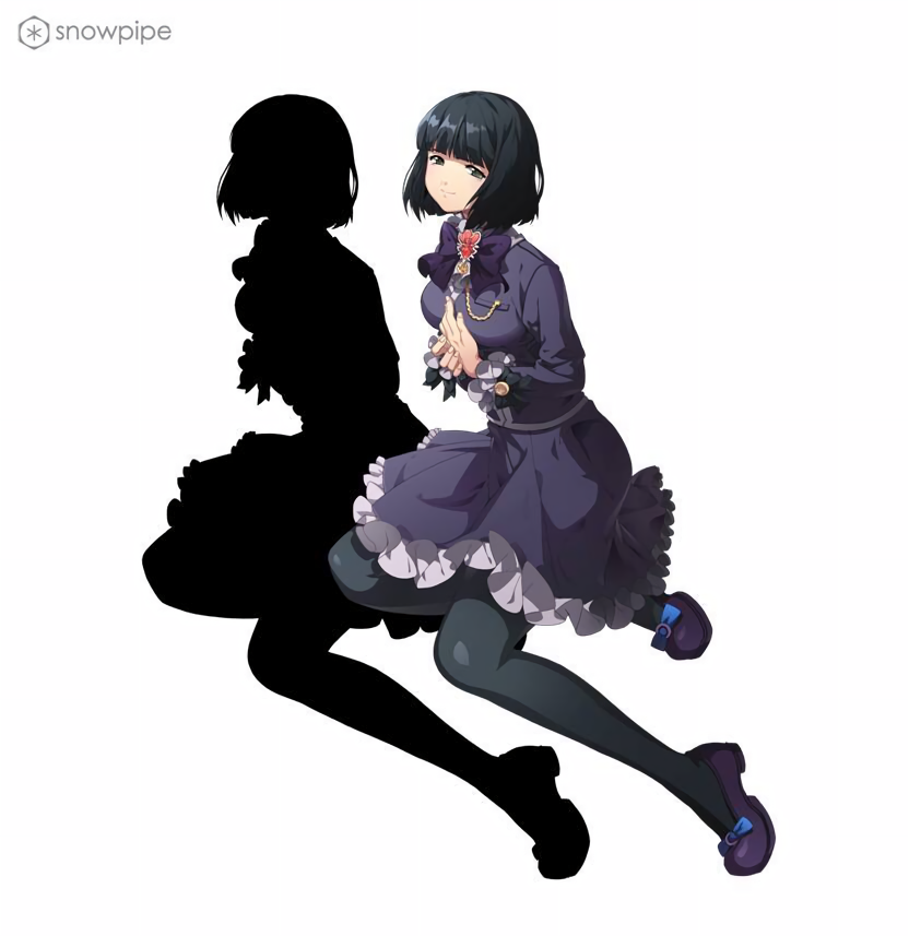 1girl artist_request black_bow black_jacket black_pantyhose black_pocket black_skirt blue_bow blunt_bangs blunt_ends bow bow_button bowtie chain closed_mouth company_name english_text footwear_bow frilled_skirt frilled_sleeves frills full_body gold_chain green_eyes hand_on_own_chest jacket kitaooji_hanabi logo long_sleeves official_art ornament own_hands_together pantyhose parted_lips purple_bow purple_bowtie purple_footwear sakura_taisen sakura_taisen_iii sega short_hair silhouette simple_background sitting skirt sleeve_bow smile solo straight_hair third-party_source two-tone_skirt two-tone_sleeves watermark white_background yellow_buttons