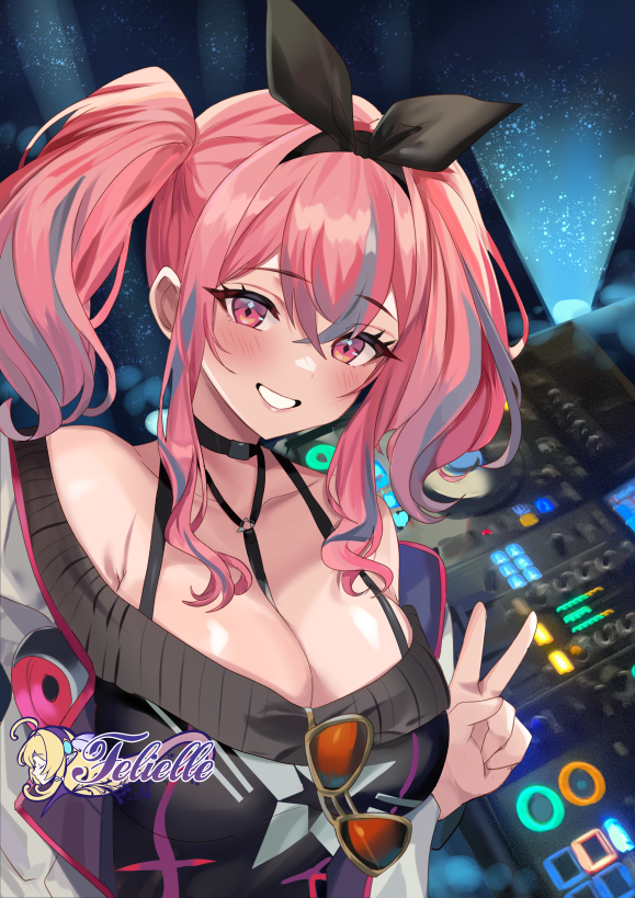 1girl azur_lane bare_shoulders black_hairband black_sweater bra_strap breasts bremerton_(azur_lane) cleavage felielle grey_hair hairband large_breasts multicolored_hair off-shoulder_sweater off_shoulder pink_hair solo streaked_hair sweater twintails upper_body v