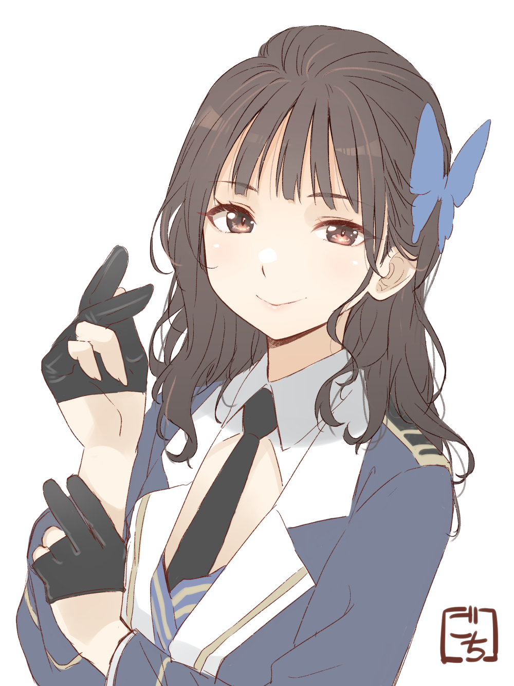 1girl animification artist_name assault_lily black_gloves black_necktie blue_jacket brown_eyes brown_hair butterfly_hair_ornament closed_mouth collared_shirt commentary_request cosplay epaulettes eyelashes fingernails funada_kiito funada_kiito_(cosplay) gloves gochisousama_(tanin050) hair_ornament half_gloves hand_on_own_arm hands_up highres ishii_haruna jacket long_hair long_sleeves looking_at_viewer necktie partially_fingerless_gloves real_life shirt simple_background smile solo upper_body voice_actor voice_actor_connection white_background white_shirt