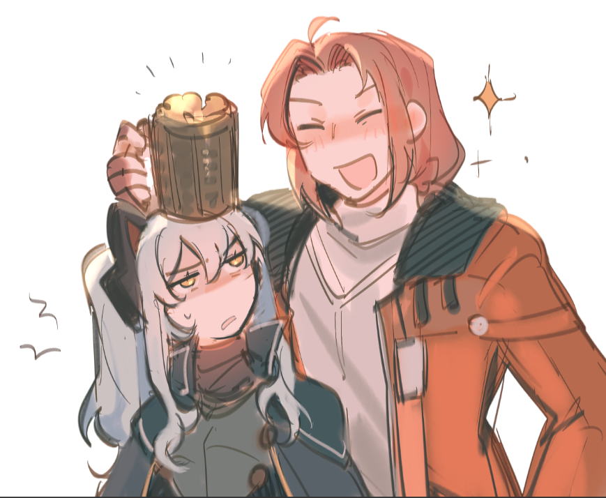 1boy 1girl ahoge alcohol animal_ear_headphones animal_ears ao_no_kiseki armor beer beer_mug blue_hair blush breastplate cape cat_ear_headphones commentary cup curtained_hair drunk eiyuu_densetsu english_commentary fake_animal_ears frown hair_between_eyes headphones high_collar holding holding_cup jacket leorlontyan long_hair mug mullet open_mouth parted_bangs randolph_orlando sideburns sidelocks simple_background tio_plato twintails white_background zero_no_kiseki
