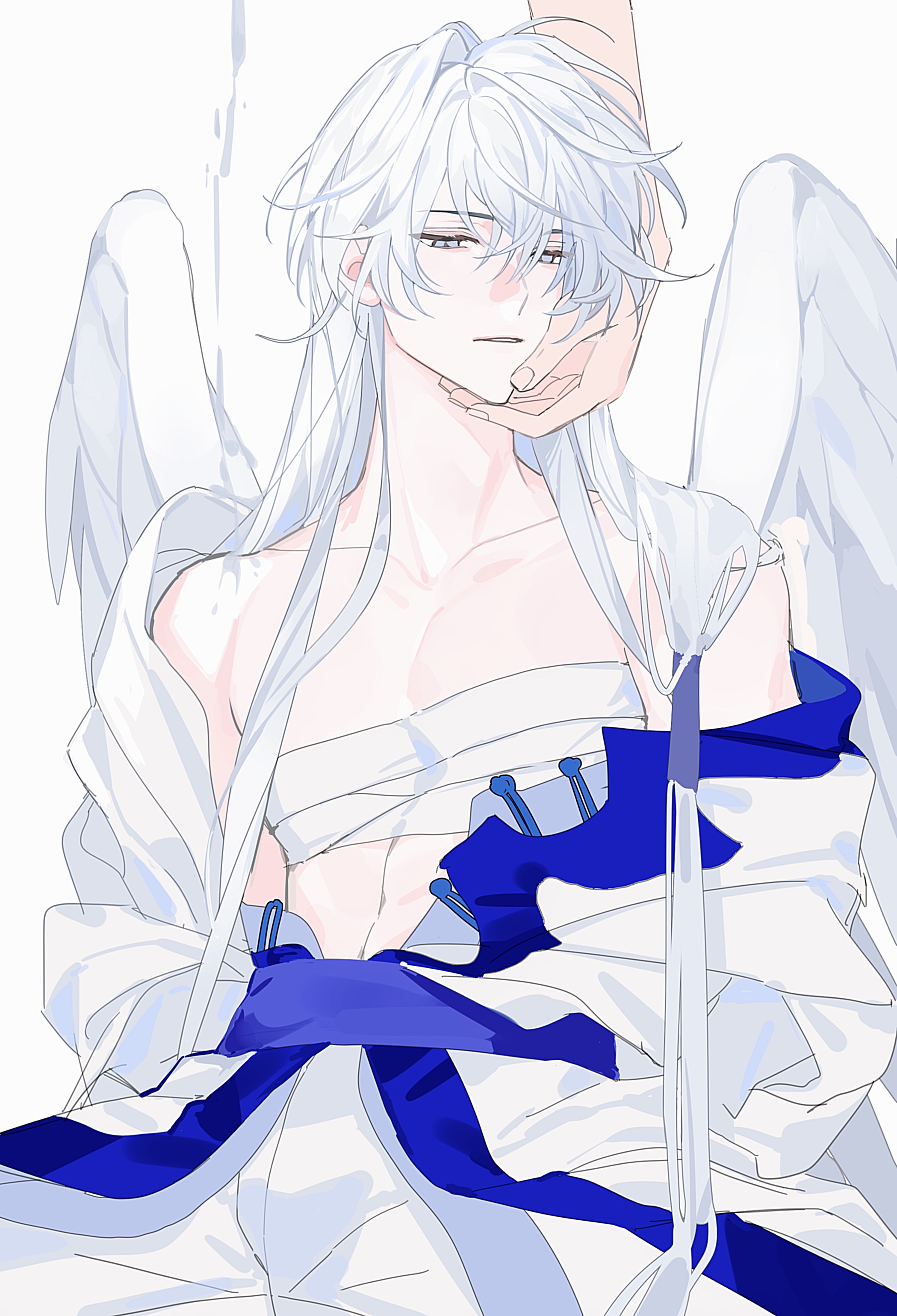 1boy absurdres angel_wings bandaged_chest blue_sash cardcaptor_sakura chest_sarashi collarbone commentary cowboy_shot expressionless feathered_wings grey_eyes hair_over_shoulder hair_tubes hand_on_another's_chin highres kayu_(yukagoin) long_hair long_sleeves looking_at_viewer male_focus off_shoulder open_clothes open_robe out_of_frame pants parted_lips robe sarashi sash sideways_glance simple_background sitting solo symbol-only_commentary white_background white_hair white_pants white_robe white_wings wings yue_(cardcaptor_sakura)