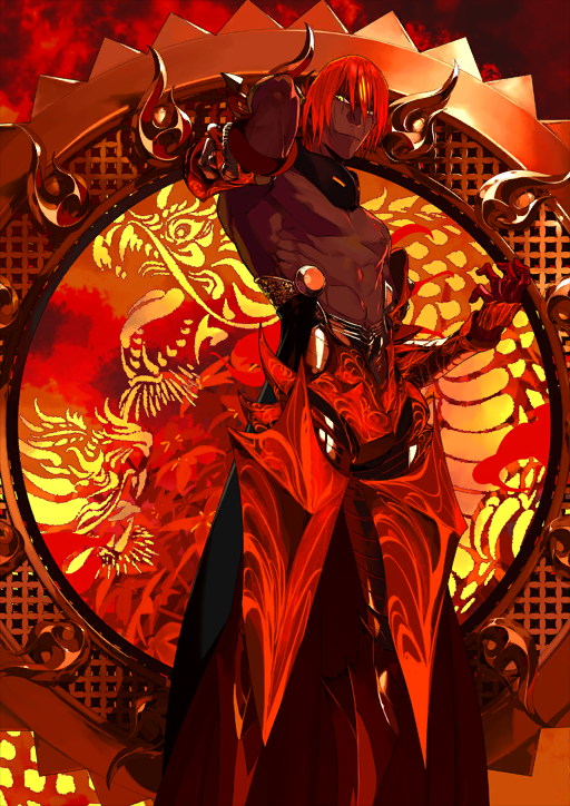 1boy arm_up armor ashwatthama_(fate) chakram closed_mouth dark-skinned_male dark_skin fate/grand_order fate_(series) feet_out_of_frame forehead_jewel game_cg gloves gorget hair_between_eyes hand_up highleg leg_armor legs_apart looking_to_the_side male_focus medium_hair nipples official_art pako_(pakosun) pectorals red_armor red_gloves red_hair red_theme smile solo standing third-party_source toned toned_male topless_male variant_set very_dark_skin weapon yellow_eyes