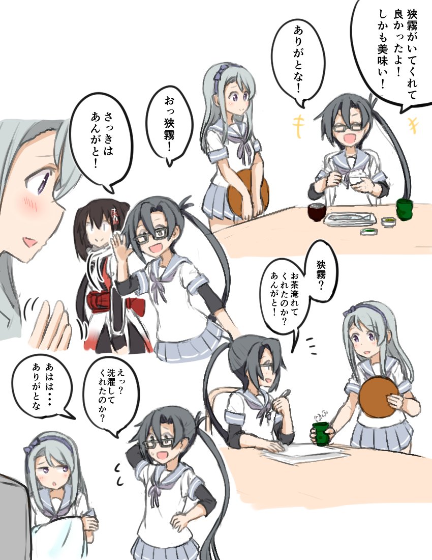3girls :&gt; :d :o ^_^ amagiri_(kancolle) atsushi_(aaa-bbb) black_hair brown_hair chopsticks comic commentary cup closed_eyes fish flying_sweatdrops food glasses hairband kantai_collection long_hair multiple_girls open_mouth paper pleated_skirt ponytail remodel_(kantai_collection) rice_bowl sagiri_(kancolle) scarf school_uniform sendai_(kancolle) serafuku silver_hair sketch skirt smile sweatdrop teacup translation_request twintails very_long_hair white_scarf