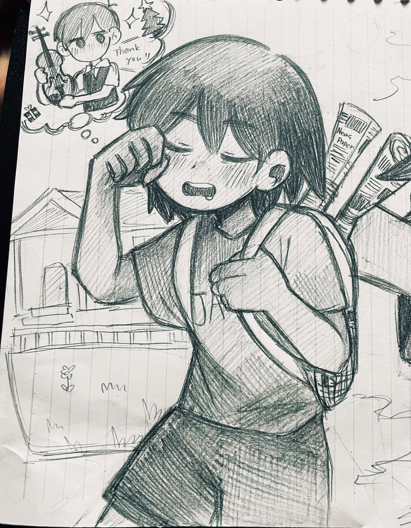 1boy backpack bag blush box christmas_tree closed_eyes gift gift_box greyscale highres holding holding_instrument holding_violin house instrument kel_(faraway)_(omori) kel_(omori) male_focus monochrome omori pasuta928008 rolled_up_newspaper rubbing_eyes shirt short_hair short_sleeves shorts solo speech_bubble spoilers sunny_(omori) t-shirt teeth thought_bubble traditional_media upper_teeth_only violin