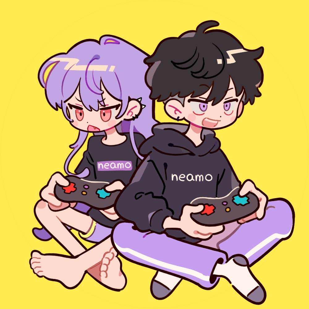 1boy 1girl :d back-to-back barefoot behind_another black_hair black_hoodie blush_stickers chestnut_mouth controller dolman_(dm) dot_nose double-parted_bangs earrings fang full_body holding holding_controller hood hood_down hoodie indian_style jewelry long_hair long_sleeves looking_ahead multiple_piercings open_mouth original pants print_hoodie promotional_art purple_eyes purple_hair purple_pants purple_shorts red_eyes second-party_source short_hair short_sleeves shorts siblings simple_background single_vertical_stripe sitting smile socks text_print three_quarter_view undercut v-shaped_eyebrows very_long_hair white_socks yellow_background
