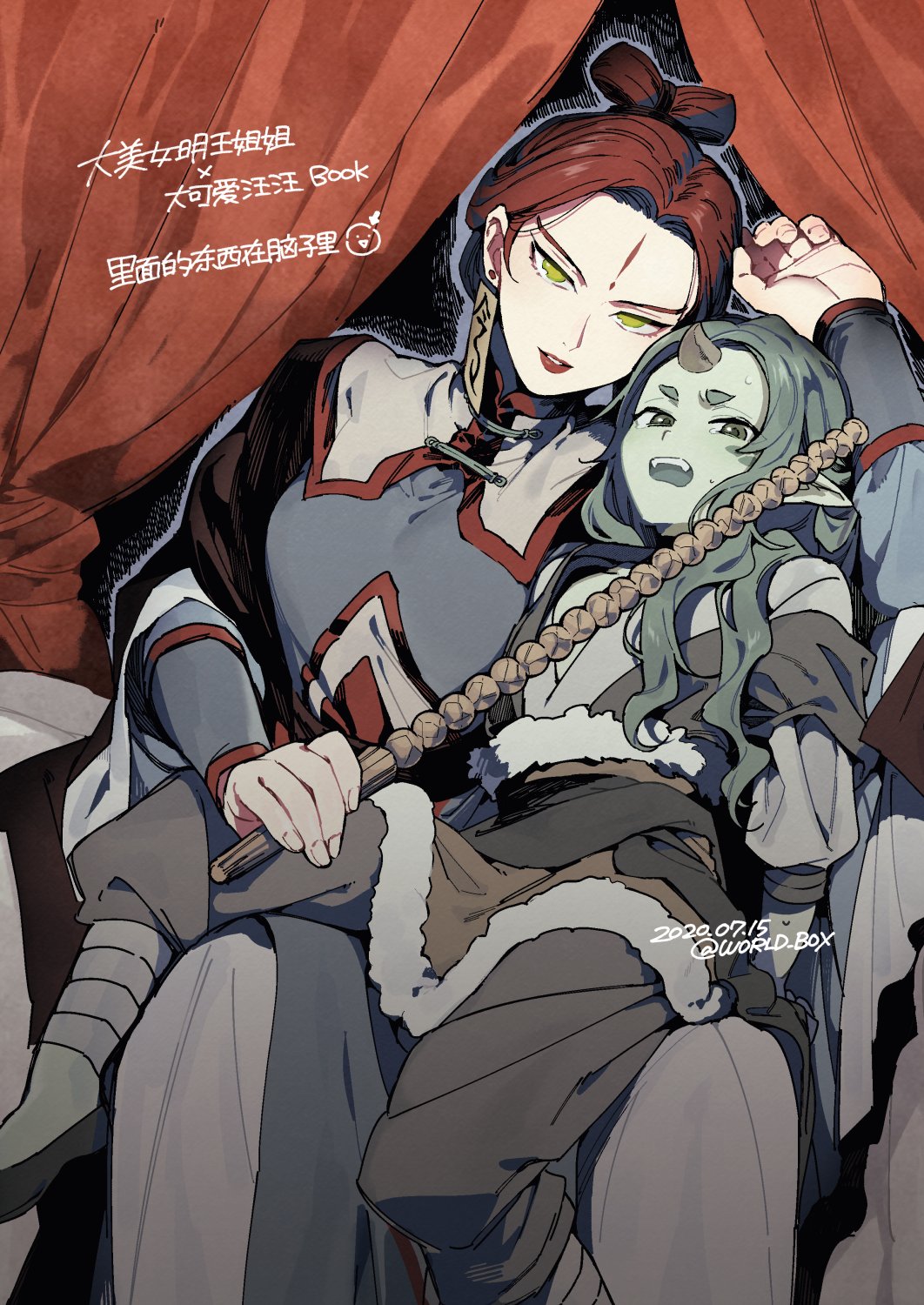 1boy 1girl dated diting_(the_legend_of_luoxiaohei) earrings feet_out_of_frame green_hair hand_up highres horns jewelry lanxi_zhen long_sleeves looking_at_viewer open_mouth parted_lips pointy_ears red_hair single_horn smile luo_xiaohei_zhanji twitter_username vox yan_ming_(the_legend_of_luoxiaohei) yellow_eyes