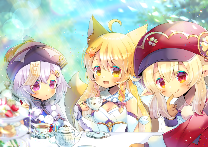 3girls :d :o :q ahoge animal_ear_fluff animal_ears arm_guards bare_shoulders blonde_hair blue_dress blurry blurry_background blurry_foreground blush bow braid breasts brown_eyes brown_gloves cabbit cleavage commentary_request copyright_request cup day depth_of_field dress fox_ears fox_girl fox_hair_ornament fox_tail genshin_impact gloves hair_between_eyes hair_bow hair_ornament hairclip hat holding holding_cup indie_virtual_youtuber klee_(genshin_impact) kou_hiyoyo long_hair long_sleeves low_twintails medium_breasts multiple_girls open_mouth outdoors parted_lips pink_bow pointy_ears purple_eyes purple_hair purple_headwear qingdai_guanmao qiqi_(genshin_impact) red_dress red_eyes red_headwear saucer smile tablecloth tail tail_raised tea teacup teapot tiered_tray tongue tongue_out twin_braids twintails upper_body virtual_youtuber white_dress