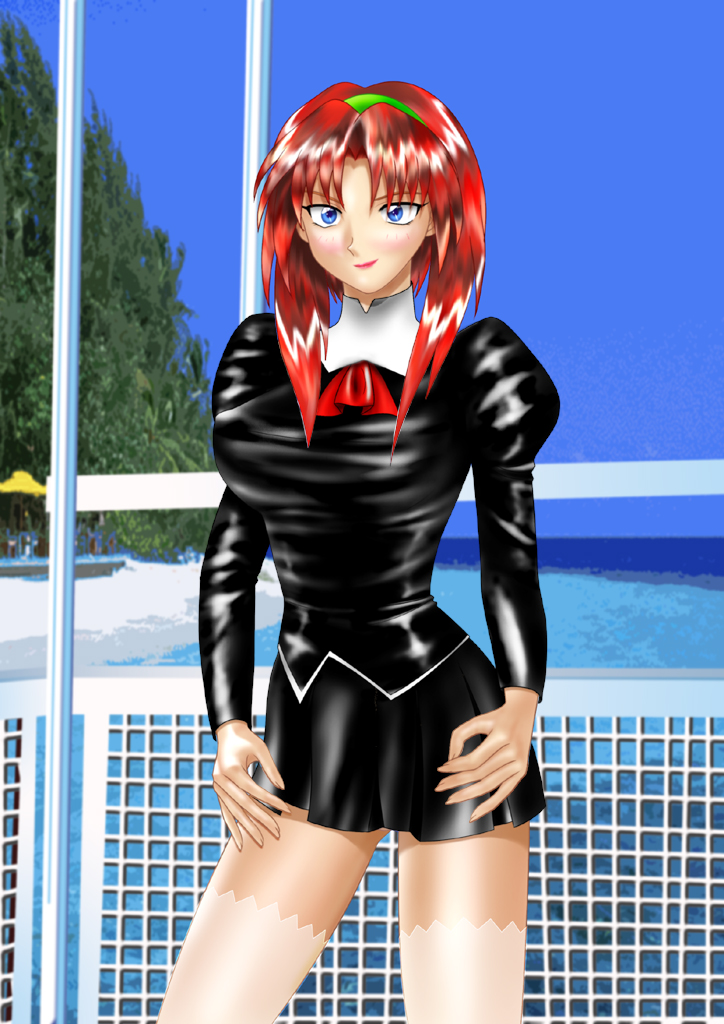1girl agent_aika aika_(series) black_delmo black_jacket black_skirt blue_eyes breasts closed_mouth delmo female_focus jacket maypia_alexymetalia outdoors red_hair short_hair skin_tight skirt solo standing tan tanline yuusuke_(ziyasu)