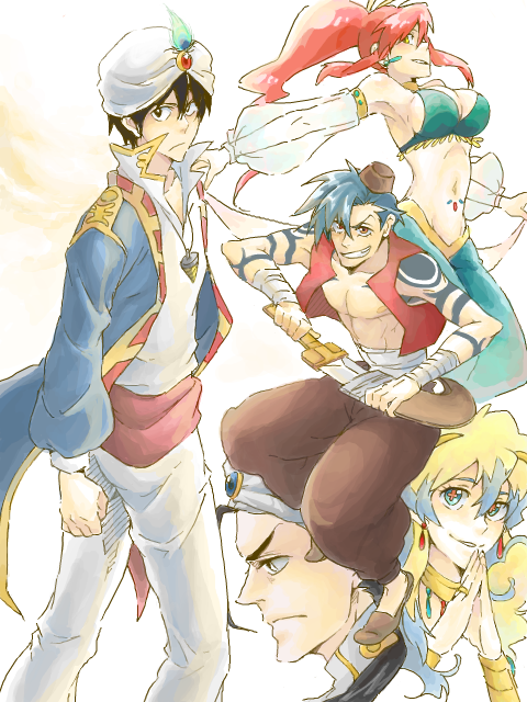 +_+ 2girls 3boys aladdin_(character)_(cosplay) aladdin_(disney) arabian arabian_clothes arabian_nights black_eyes black_hair blonde_hair blue_eyes blue_hair bracelet breasts brown_footwear brown_headwear brown_pants chopsticks core_drill cosplay drill earrings fez_hat frown grin hat jasmine_(disney) jasmine_(disney)_(cosplay) jewelry kamina_(ttgl) long_hair looking_at_viewer medium_breasts midriff multicolored_hair multiple_boys multiple_girls navel necklace nia_teppelin pants ponytail princess_jasmine_(cosplay) red_eyes red_hair ring rossiu_adai ru&amp;padua_(artist) scabbard scimitar sheath sideboob simon_(ttgl) smile sword symbol-shaped_pupils tattoo teeth tengen_toppa_gurren_lagann turban vest weapon white_headwear yellow_eyes yoko_littner